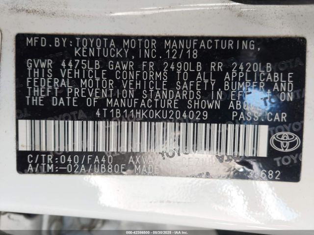 4T1B11HK0KU204029 Toyota CAMRY LE