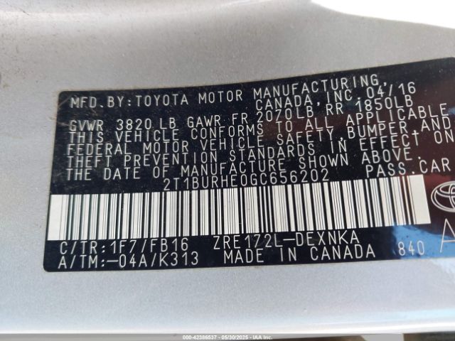2T1BURHE0GC656202 Toyota COROLLA LE