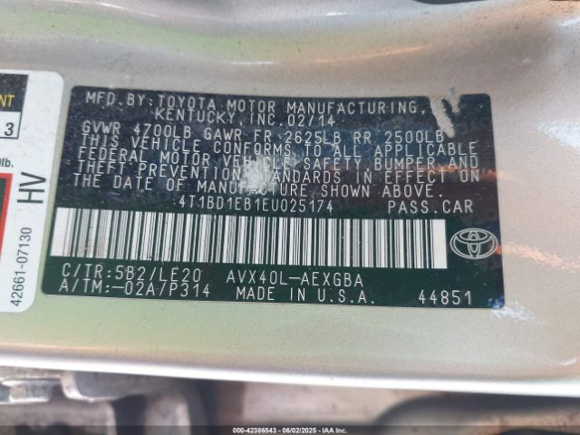 4T1BD1EB1EU025174 Toyota 2ar-fxe+2jm