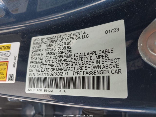 1HGCY1F39PA002171 Honda l15be