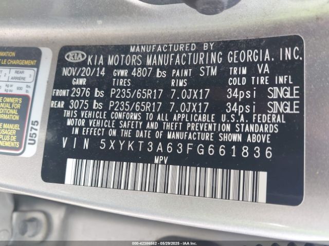 5XYKT3A63FG661836 KIA SORENTO LX