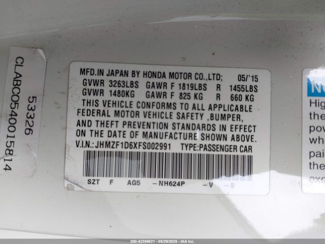 JHMZF1D6XFS002991 Honda CR-Z EX
