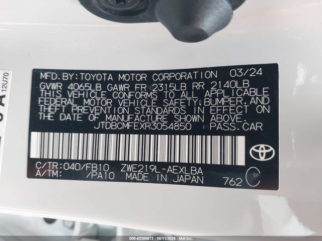 42386673 :رقم المزاد ، JTDBCMFEXR3054850 vin ، 2024 Toyota Corolla Hybrid Le مزاد بيع
