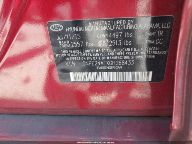 5NPE24AFXGH268433 Hyundai SONATA SE
