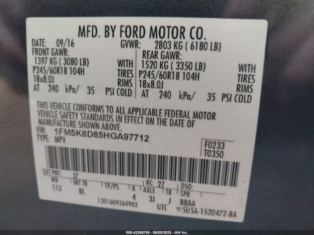 1FM5K8D85HGA97712 Ford EXPLORER XLT