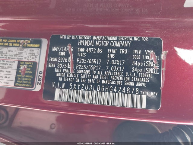 5XYZU3LB6HG424878 Hyundai gdi theta ii
