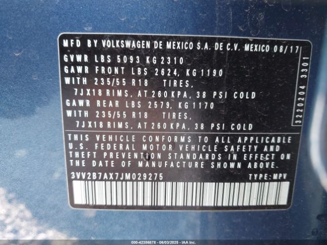 3VV2B7AX7JM029275 Volkswagen Tiguan 2.0t Se/2.0t Sel