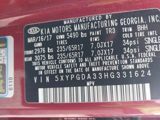 5XYPGDA33HG331624 KIA Sorento 2.4l Lx