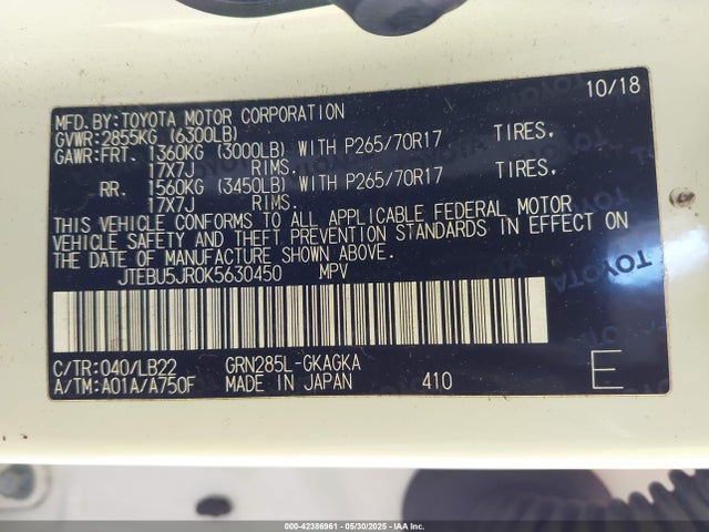 JTEBU5JR0K5630450 Toyota 4runner Sr5 Premium