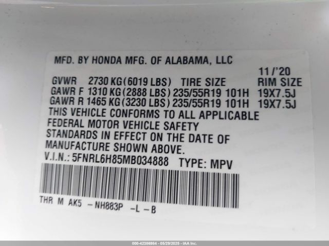 2021 HONDA ODYSSEY 5FNRL6H85MB034888 Photo 8