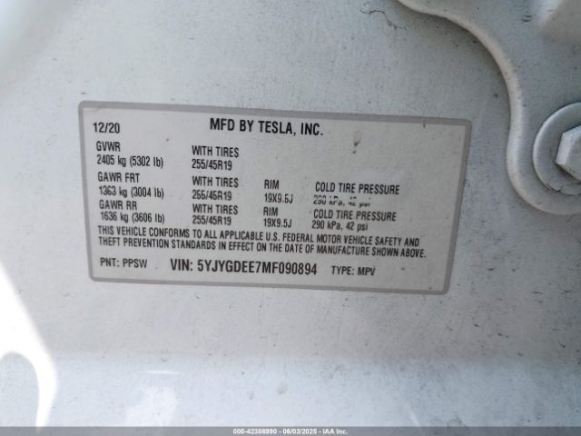 2021 TESLA MODEL Y 5YJYGDEE7MF090894 Photo 8
