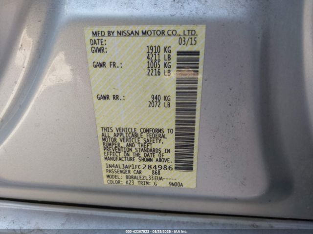 1N4AL3AP1FC284986 Nissan Altima 2.5/2.5 S/2.5 Sl/2.5 Sv