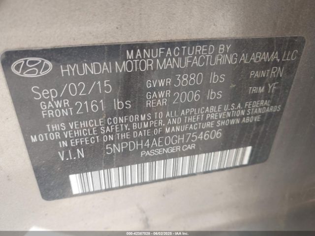 5NPDH4AE0GH754606 Hyundai ELANTRA SE