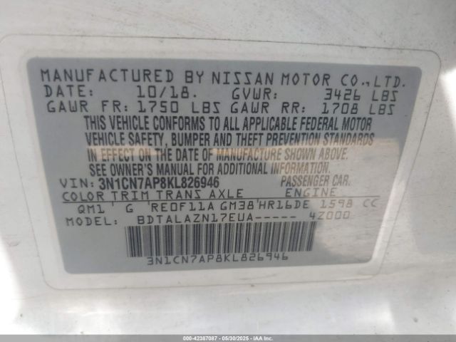 3N1CN7AP8KL826946 Nissan Versa 1.6 S+