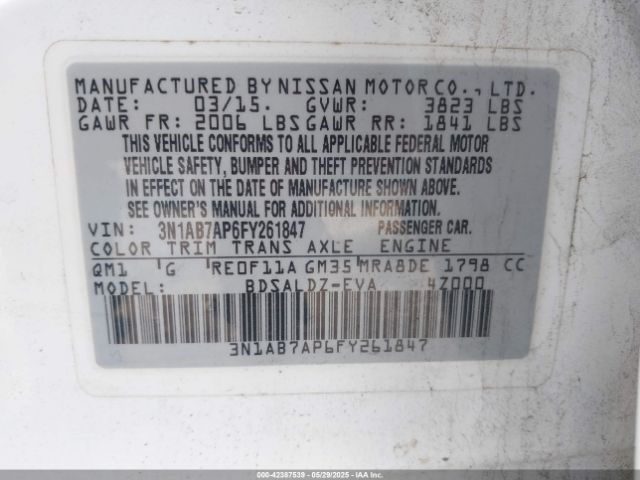 3N1AB7AP6FY261847 Nissan Sentra Fe+ S/s/sl/sr/sv