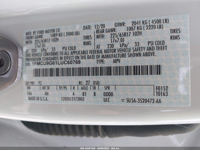 1FMCU9G61LUC60769 Ford ESCAPE SE