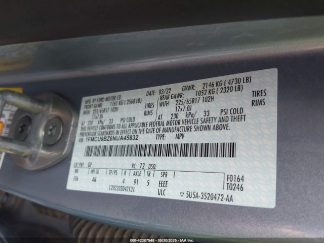 1FMCU9BZ8NUA45832 Ford Escape Se Hybrid