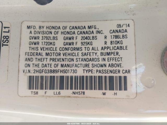 2HGFG3B89FH501730 Honda CIVIC EX