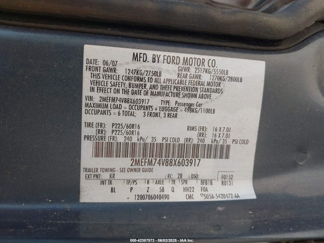 42387573 :رقم المزاد ، 2MEFM74V88X603917 vin ، 2008 Mercury Grand Marquis Gs مزاد بيع