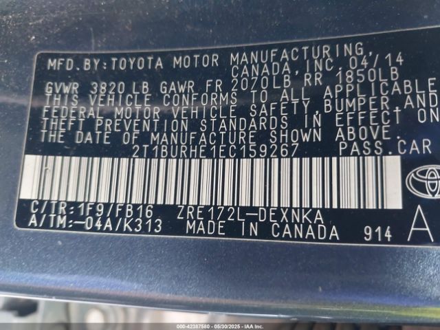 2T1BURHE1EC159267 Toyota COROLLA LE