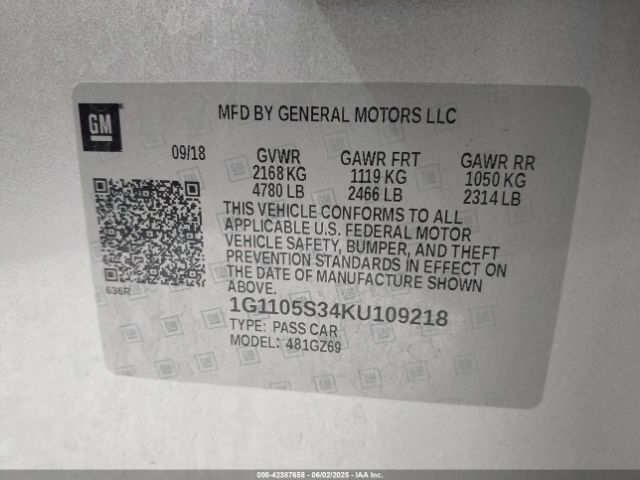 1G1105S34KU109218 Chevrolet lfx - spark ignited direct injection, vvt, e85 max, alum