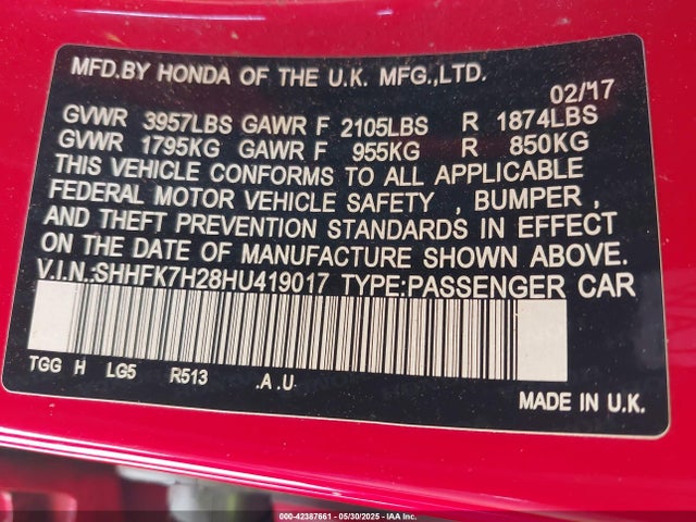 SHHFK7H28HU419017 Honda l15ba