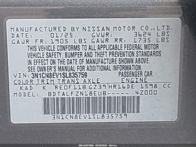 3N1CN8EV1SL835759 Nissan Versa 1.6 Sv