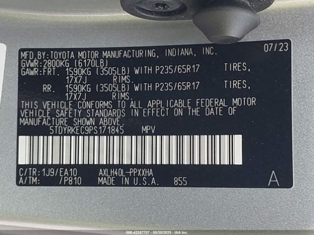 5TDYRKEC9PS171845 Toyota SIENNA XLE