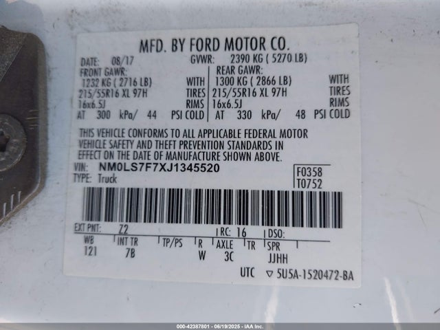 Ford 2.5l dohc pfi 2018 NM0LS7F7XJ1345520 Image 9