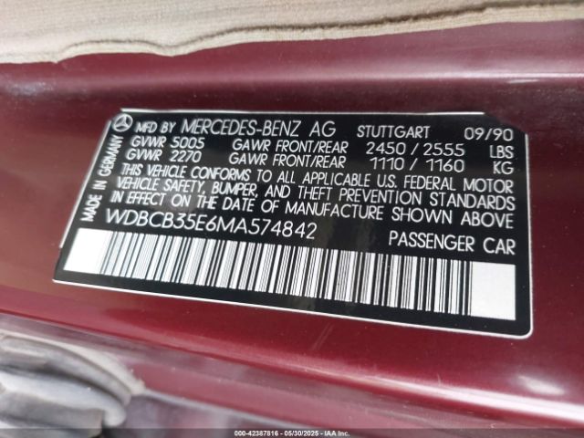 1991 MERCEDES-BENZ 350 WDBCB35E6MA574842 Photo 8