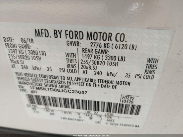 1FM5K7D88JGC23657 Ford EXPLORER XLT