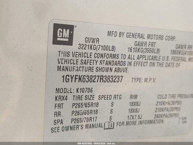 2007 CADILLAC ESCALADE 1GYFK63827R383237 Photo 8