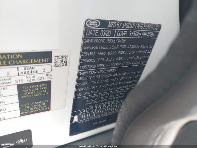 Land Rover aj133 s/c 2020 SALGS2SE5LA401791 Image 9