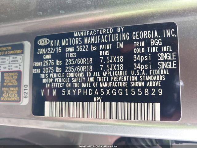 5XYPHDA5XGG155829 KIA Sorento 3.3l Ex