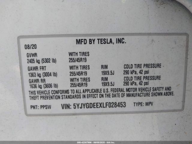 2020 TESLA MODEL Y 5YJYGDEEXLF028453 Photo 8