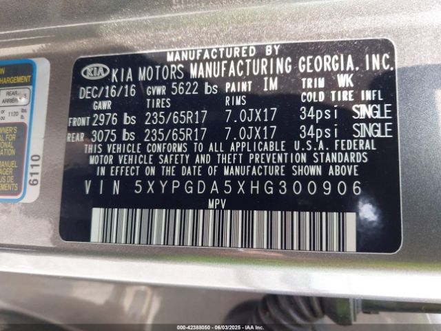 5XYPGDA5XHG300906 KIA Sorento 3.3l Lx