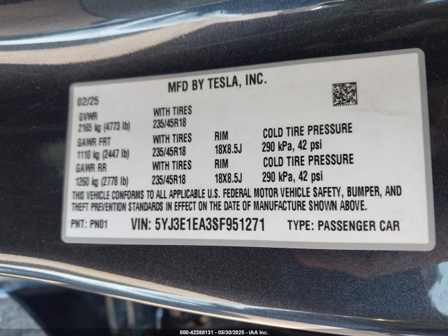 2025 TESLA MODEL 3 5YJ3E1EA3SF951271 Photo 8