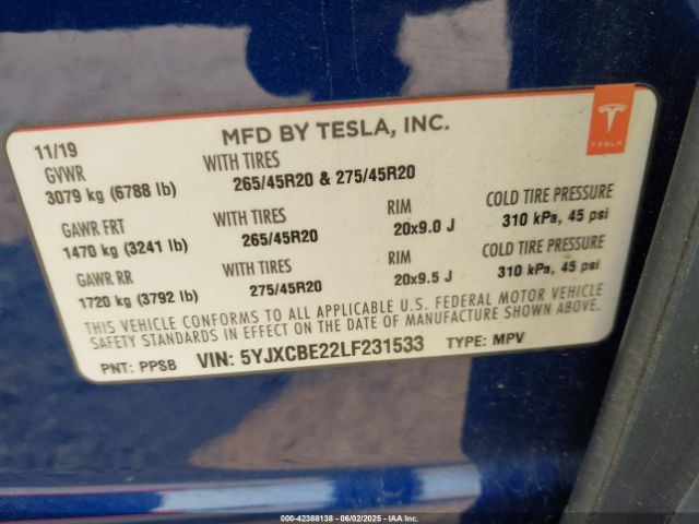 2020 TESLA MODEL X 5YJXCBE22LF231533 Photo 8