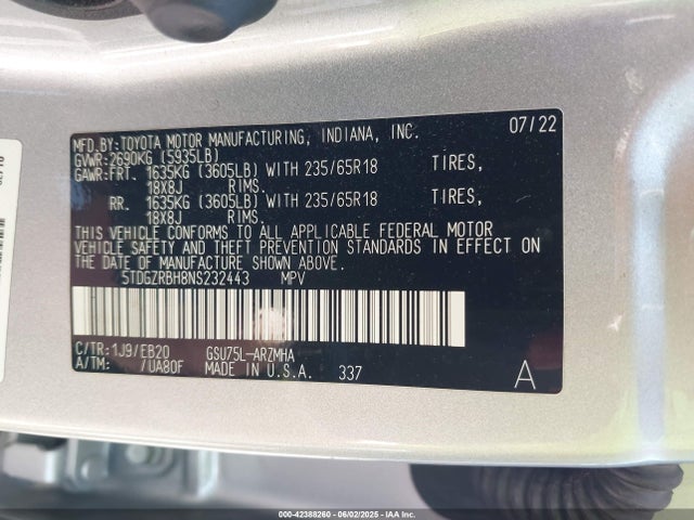 5TDGZRBH8NS232443 Toyota 2gr-fks