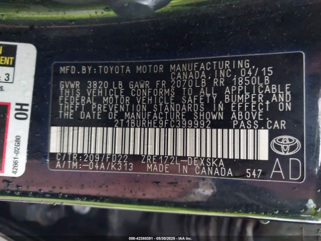 2T1BURHE9FC399992 Toyota Corolla S Plus