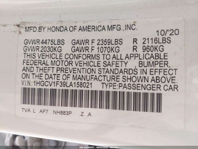 1HGCV1F39LA158021 Honda Accord Sport