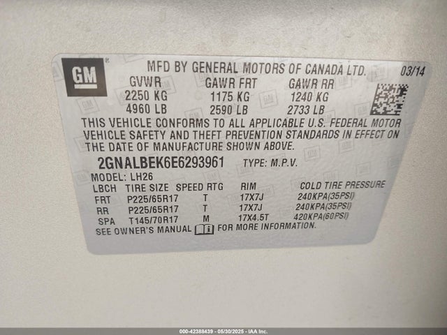 2GNALBEK6E6293961 Chevrolet lea - flex fuel (gas/alc), aluminum, high output
