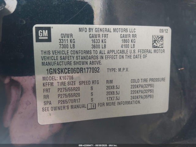 Aukcja sprzedaży 2013 Chevrolet Tahoe Ltz, vin: 1GNSKCE06DR177092, numer aukcji: 42388471