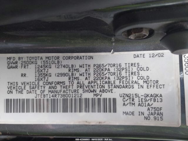 2003 TOYOTA 4RUNNER JTEBT14R738001212 Photo 8