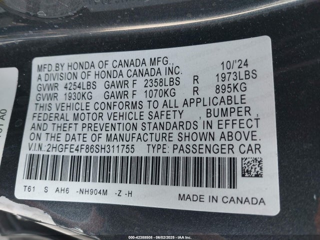 2HGFE4F86SH311755 Honda lfc3