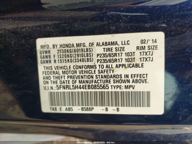 5FNRL5H44EB085565 Honda ODYSSEY EX