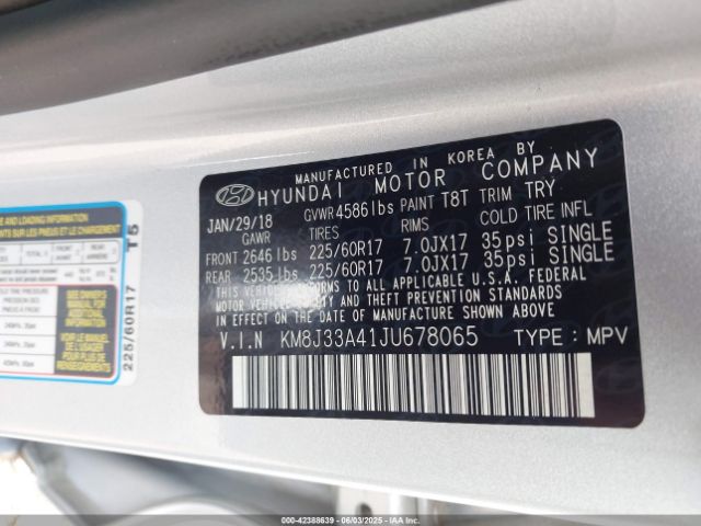 KM8J33A41JU678065 Hyundai Tucson Sel Plus