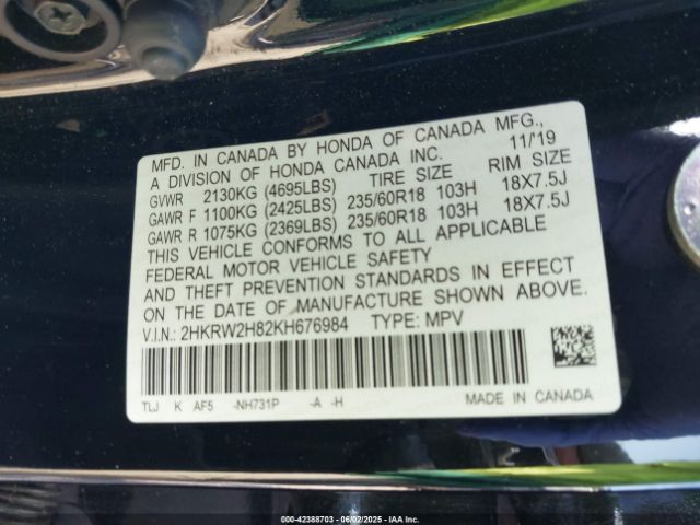 2HKRW2H82KH676984 Honda Cr-v Ex-l