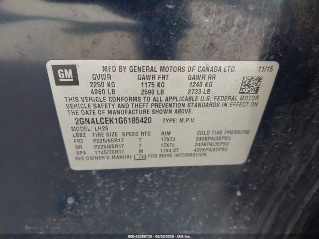 2GNALCEK1G6185420 Chevrolet EQUINOX LT