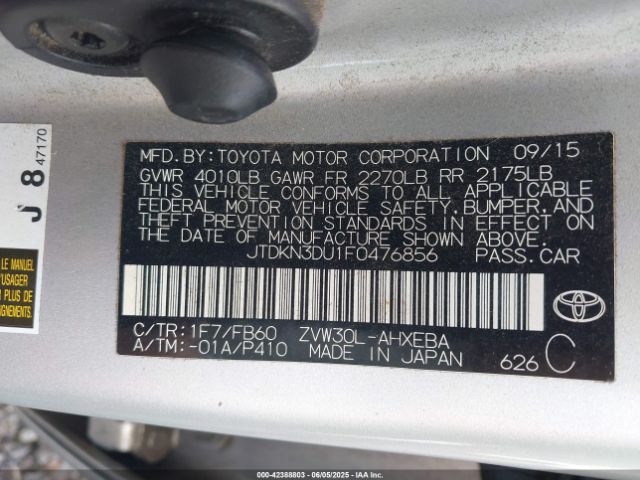 JTDKN3DU1F0476856 Toyota 2zr-fxe+3jm
